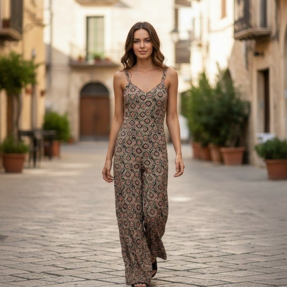 Cleobella Women Green Pink‎ Geometric Block Print Wide Leg Jumpsuit Small Boho